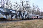 Camo boxcar on the M&NJ TFT train just north of the Boyd St Grade Crossing